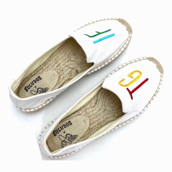 SOLUDOS x ASHKAHN TGIF Embroidered Canvas Espadrilles Flats in White Size 7.5 - Picture 7 of 12